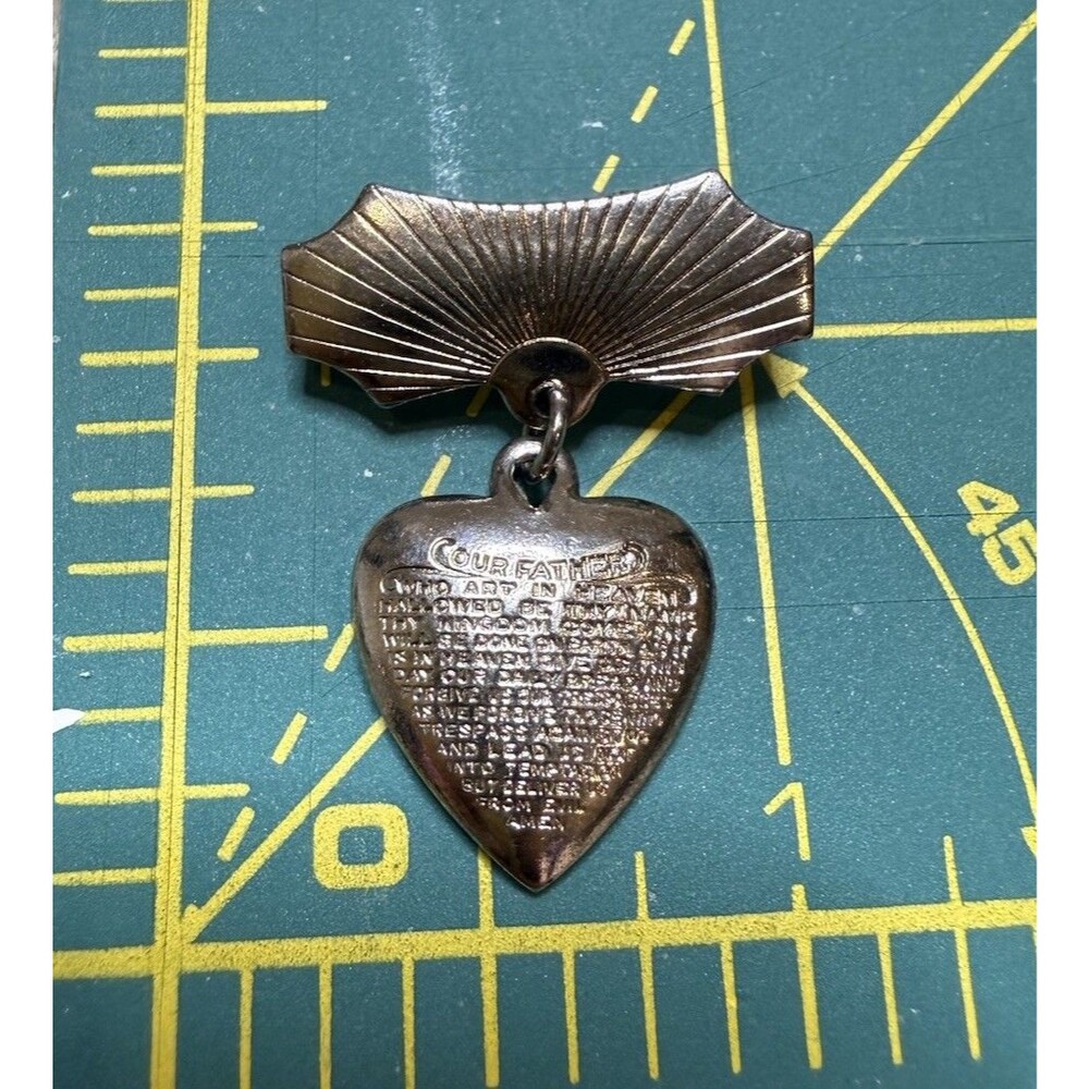 Vintage Religious Brooch Pin Silver-tone Heart Medal Dangle Our Father Prayer